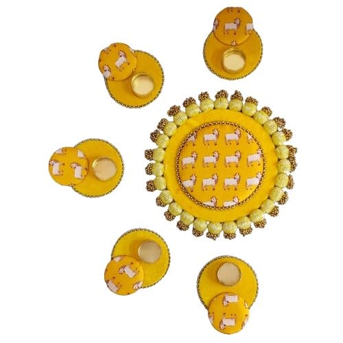 Yellow Color Mat with T-Light Set Rangoli mat Set with Wax Tea Light for Home Decor/Floor/Table Decoration